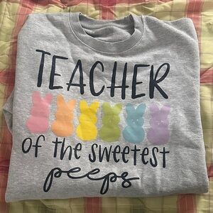 Gray Teacher Crewneck with Colorful Bunny Design